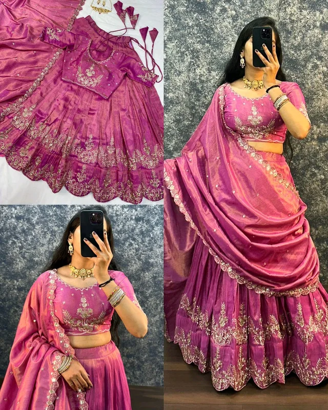 FESTIVEL LEHENGA ORIGINAL SOUTH TISSUE WITH EMBROIDERY & SEQUENCE WORK - Mulberry, Free Size