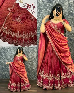 FESTIVEL LEHENGA ORIGINAL SOUTH TISSUE WITH EMBROIDERY & SEQUENCE WORK - Mulberry, Free Size