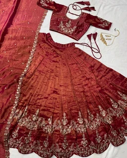 FESTIVEL LEHENGA ORIGINAL SOUTH TISSUE WITH EMBROIDERY & SEQUENCE WORK - Mulberry, Free Size