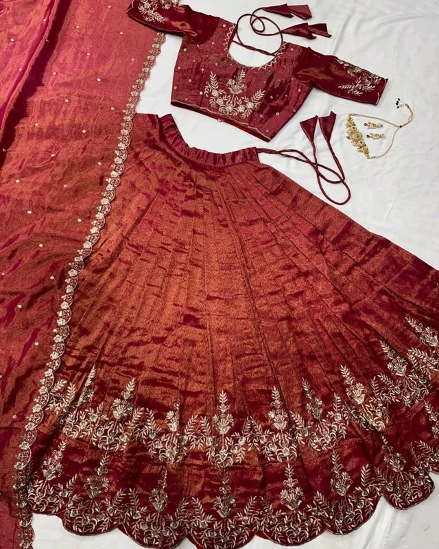 FESTIVEL LEHENGA ORIGINAL SOUTH TISSUE WITH EMBROIDERY & SEQUENCE WORK - Mulberry, Free Size