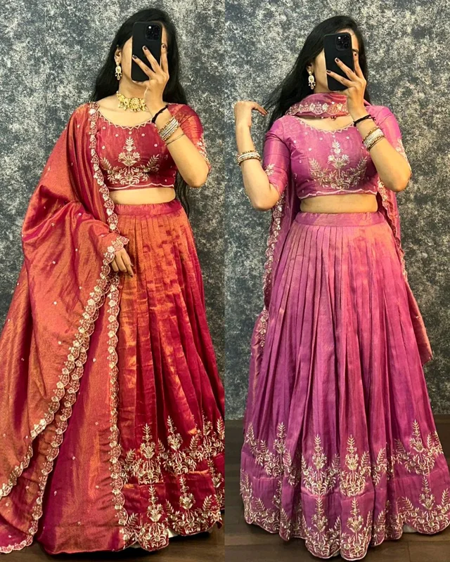 FESTIVEL LEHENGA ORIGINAL SOUTH TISSUE WITH EMBROIDERY & SEQUENCE WORK - Mulberry, Free Size