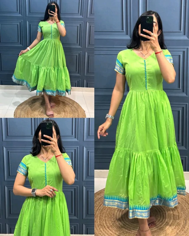 New Super Trendy Traditional Outfit Cotton Maxi Dress - Lite Green, S