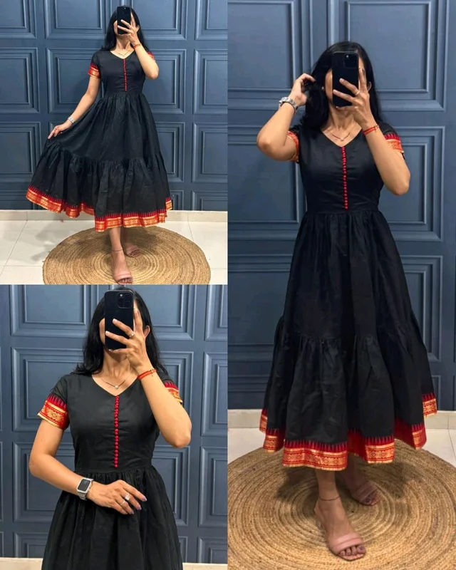 New Super Trendy Traditional Outfit Cotton Maxi Dress - Black, M