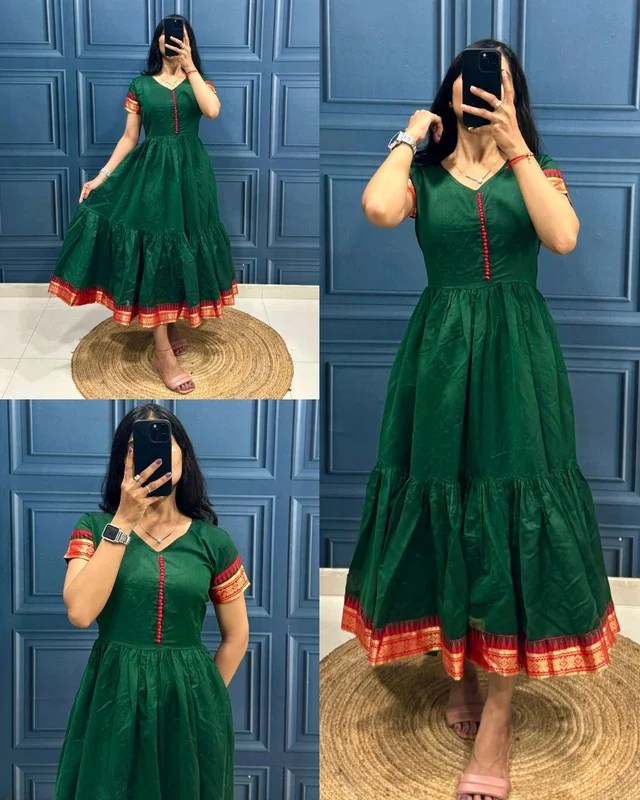 New Super Trendy Traditional Outfit Cotton Maxi Dress - Dark Green, L
