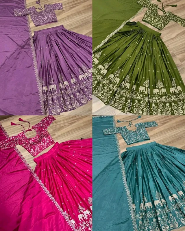 Beautiful Designer Traditional Chinon Silk Heavy Embroidery Work Lehenga - Hibiscus, Semi Stitched