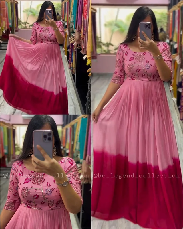 Beautiful Print on Soft Faux Georgette with Hand-work on Yoke - Pink, M