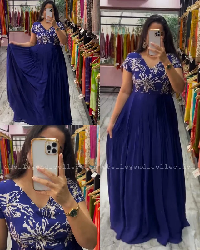 Beautiful Print on Soft Faux Georgette with Hand-work on Yoke - Blue, M