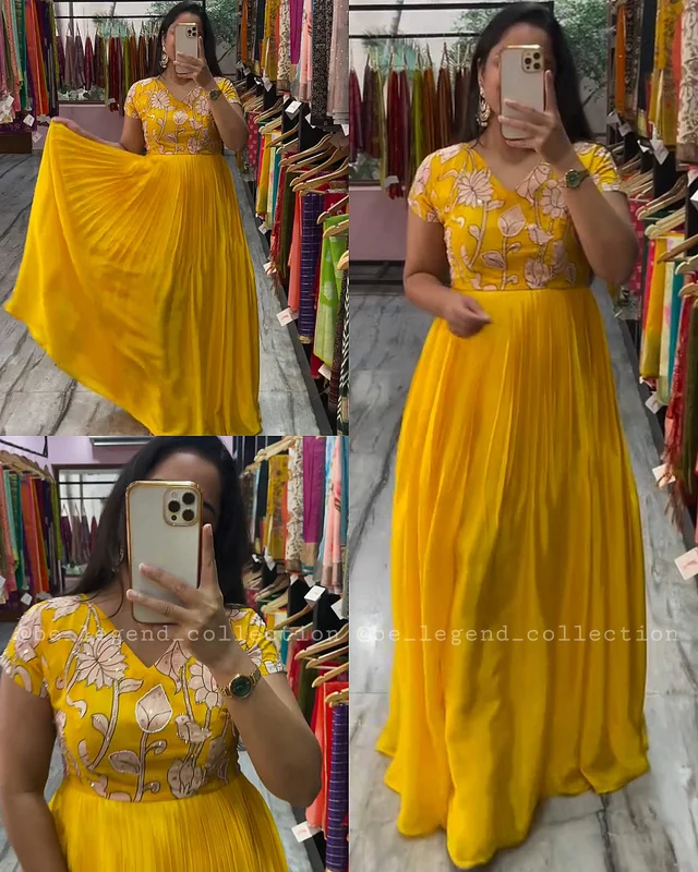 Beautiful Print on Soft Faux Georgette with Hand-work on Yoke - Yellow, M