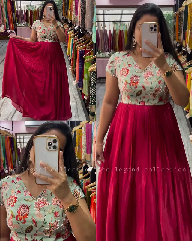 Beautiful Print on Soft Faux Georgette with Hand-work on Yoke - Maroon, L