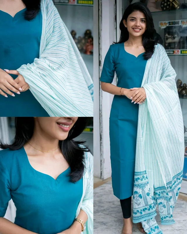 Beautiful Blue Kurti With Shawl- Casual Charm - S