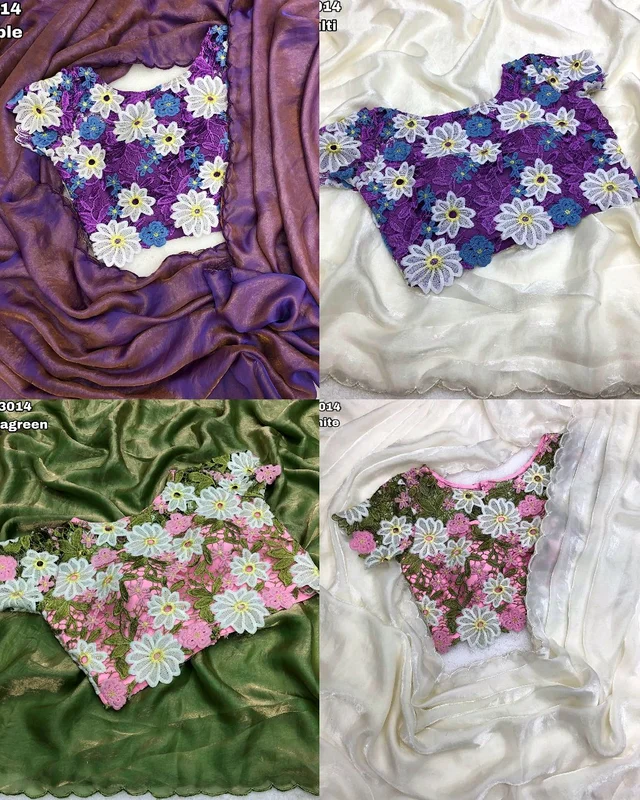 Trendy Soft & smooth space silk fendy satin plain shining saree with embroidery work scalloped cutwork border - Purple 1st, Free Size