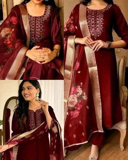 Trendy Embroidered Kurta With Printed Dupatta And pant - Jungle Mist, XS