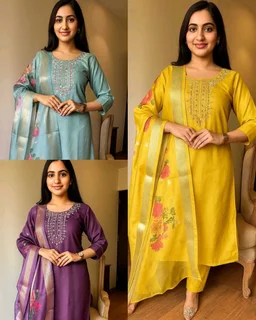 Trendy Embroidered Kurta With Printed Dupatta And pant - Jungle Mist, XS