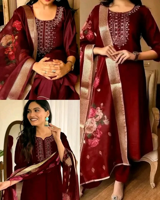 Trendy Embroidered Kurta With Printed Dupatta And pant - Maroon, XL