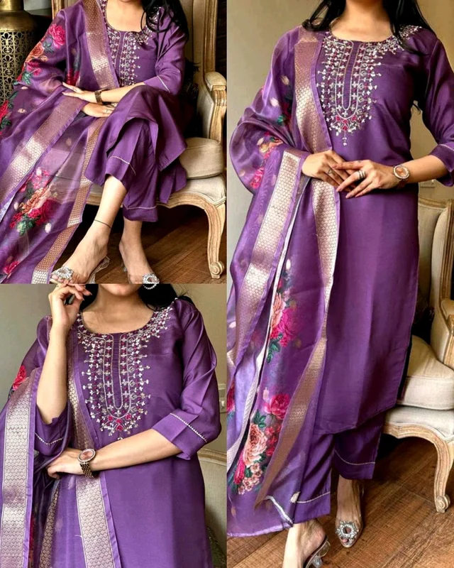 Trendy Embroidered Kurta With Printed Dupatta And pant - Purple, M
