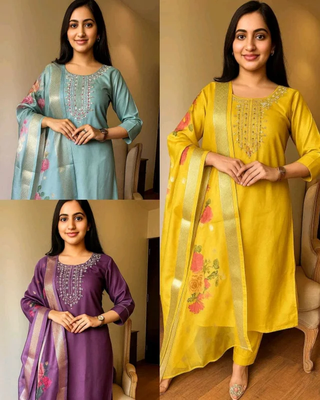 Trendy Embroidered Kurta With Printed Dupatta And pant - Yellow, M
