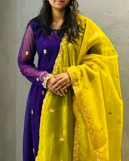 Elegant Partywear Net Gown with Embroidered Dupatta - Purple, XL