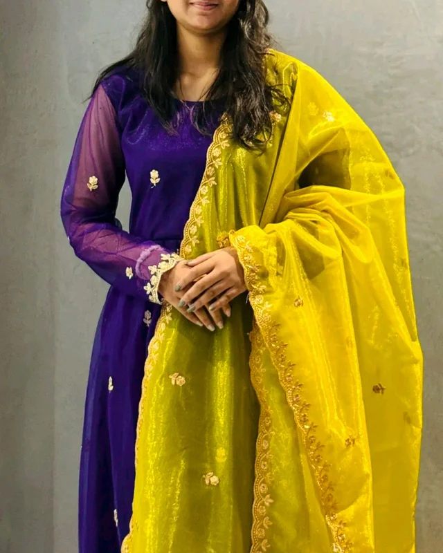 Elegant Partywear Net Gown with Embroidered Dupatta - Purple, XL