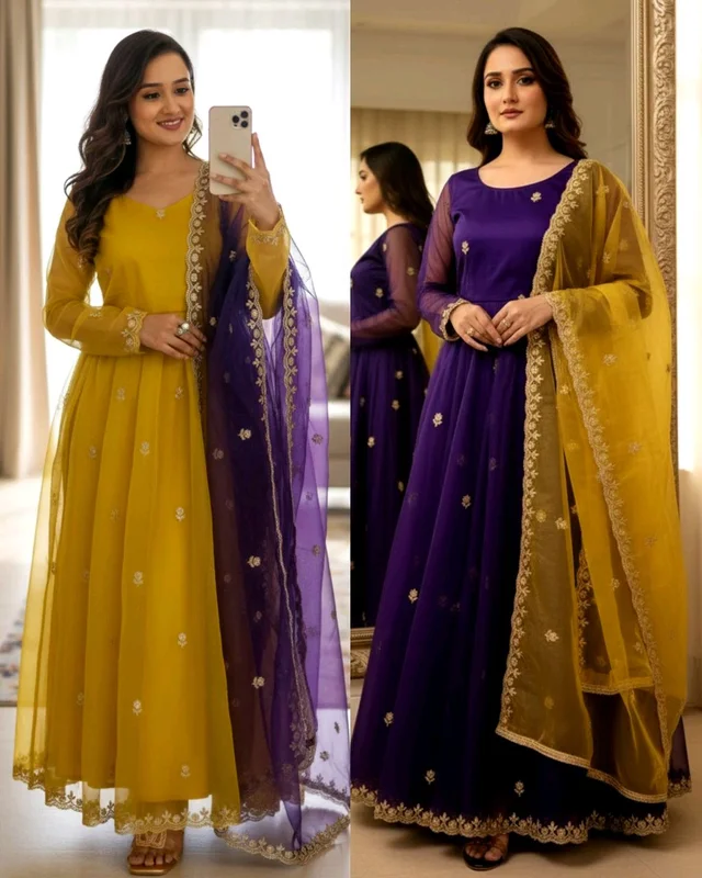 Elegant Partywear Net Gown with Embroidered Dupatta - Yellow, L