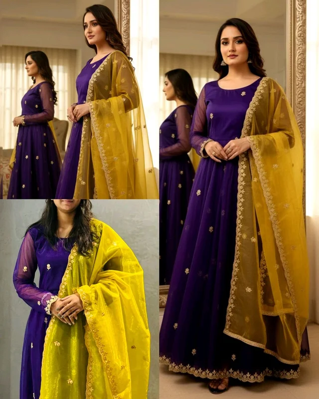 Elegant Partywear Net Gown with Embroidered Dupatta - Yellow, L