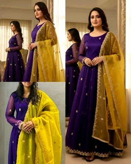Elegant Partywear Net Gown with Embroidered Dupatta - Yellow, XL