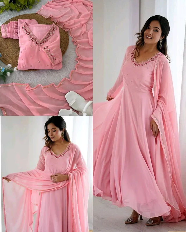 Super Trendy New Party Wear Look Fox Gerorrget Gown With Dupatta & Pant - L
