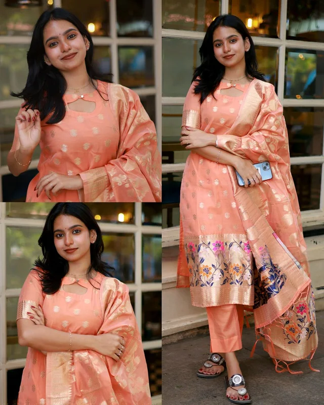 TRENDY BANRASI SILK STICHED WOMEN SUIT - Peach Orange, 2XL