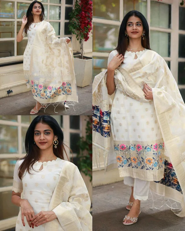 TRENDY BANRASI SILK STICHED WOMEN SUIT - White, M