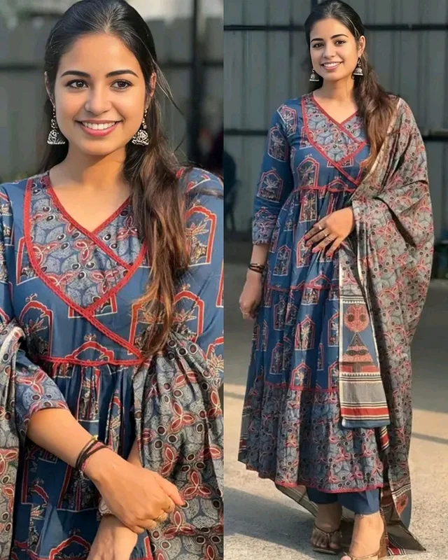 Elegance Traditional Women Anarkali Kurta and Pant Set with Dupatta - L