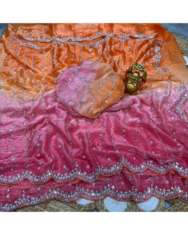 Trendy the luxurious and glamorous super hand work saree - Orange with pink, Free Size