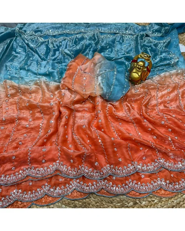 Trendy the luxurious and glamorous super hand work saree - Eastern Blue With Orange, Free Size