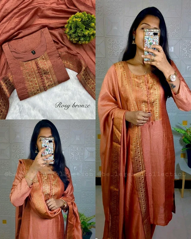 Stylish festival wear pure vichitra silk Kurti set with beautiful zari work lace yoke part and Dupatta - Rosy Bronze, S