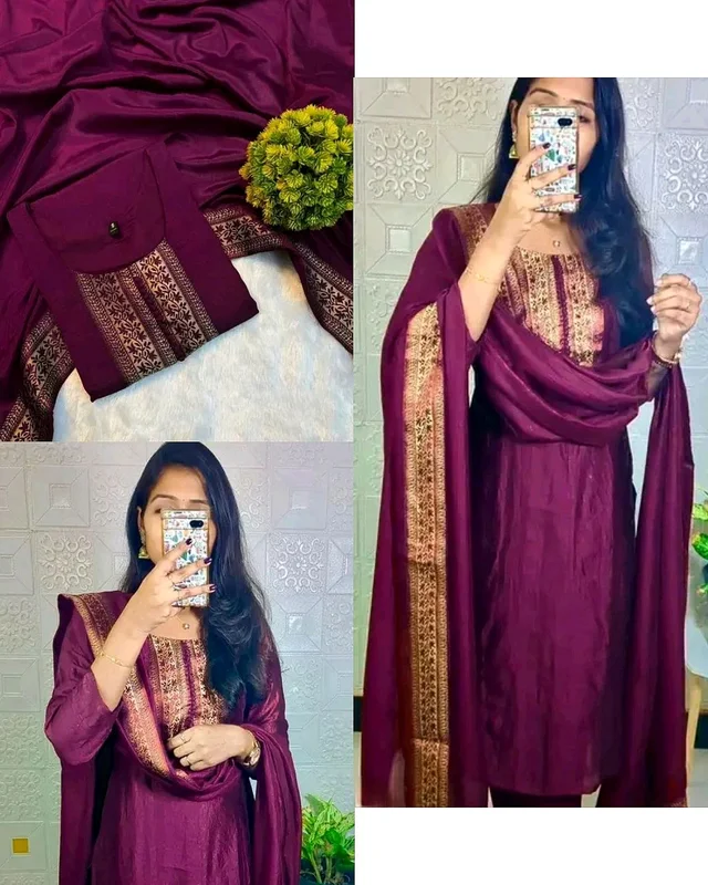 Stylish festival wear pure vichitra silk Kurti set with beautiful zari work lace yoke part and Dupatta - Purple, 4XL