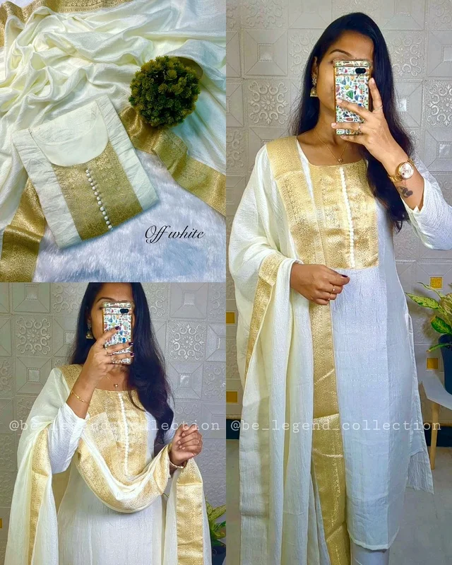 Stylish festival wear pure vichitra silk Kurti set with beautiful zari work lace yoke part and Dupatta - White, 3XL
