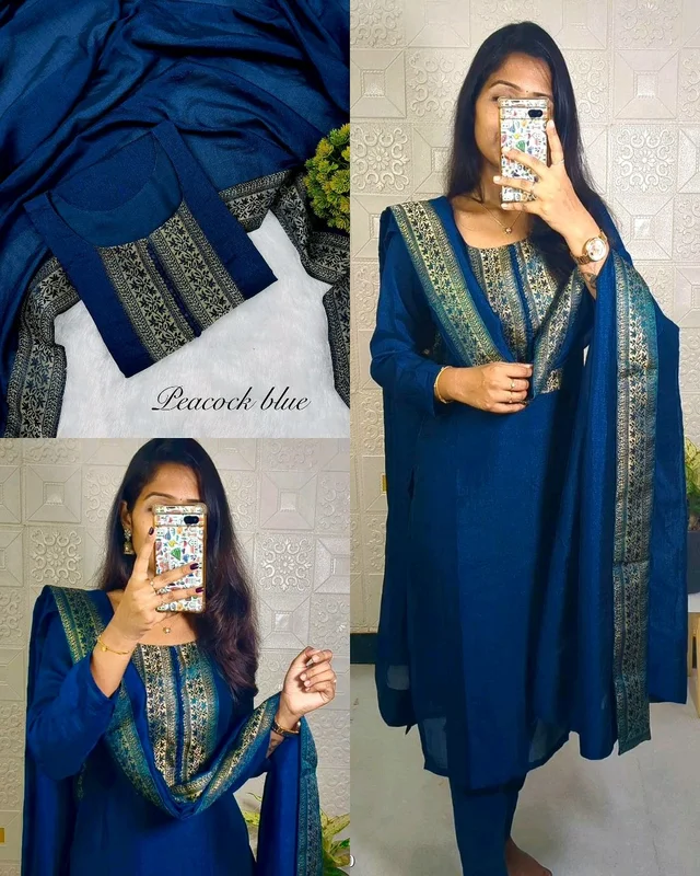 Stylish festival wear pure vichitra silk Kurti set with beautiful zari work lace yoke part and Dupatta - Blue, M