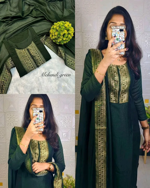 Stylish festival wear pure vichitra silk Kurti set with beautiful zari work lace yoke part and Dupatta - Green, 3XL