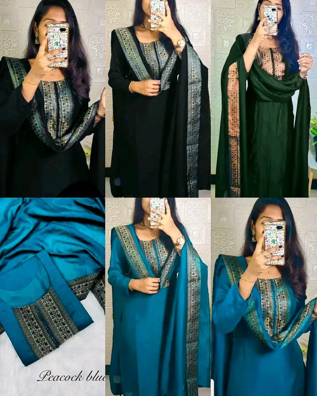 Stylish festival wear pure vichitra silk Kurti set with beautiful zari work lace yoke part and Dupatta - Black, 3XL