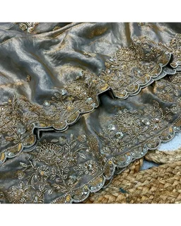 Launch Grand party wear saree in original gold beeds work - Free Size