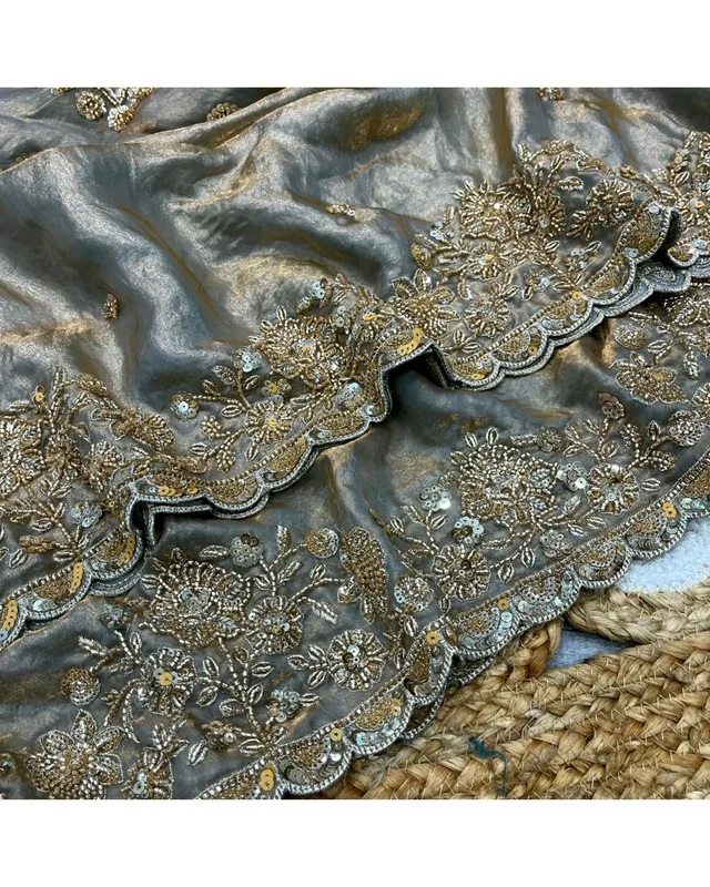 Launch Grand party wear saree in original gold beeds work - Free Size