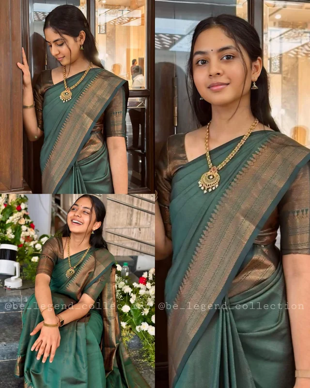Beautiful Kanjeevaram Silk Jacquard Saree With Rich Pallu - Green, Free Size
