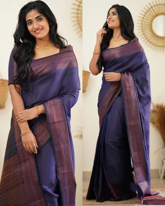 Beautiful Kanjeevaram Silk Jacquard Saree With Rich Pallu - Blue, Free Size