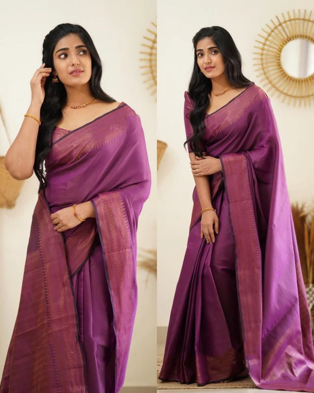 Beautiful Kanjeevaram Silk Jacquard Saree With Rich Pallu - Purple, Free Size