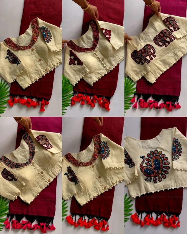 Presenting a Khadi cotton saree Ano Beautiful Havy khadi Cotton Aplique Blouse ( Fully Stitched ) - Maroon 3rd, Free Size