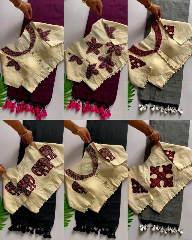 Presenting a Khadi cotton saree Ano Beautiful Havy khadi Cotton Aplique Blouse ( Fully Stitched ) - wine, Free Size