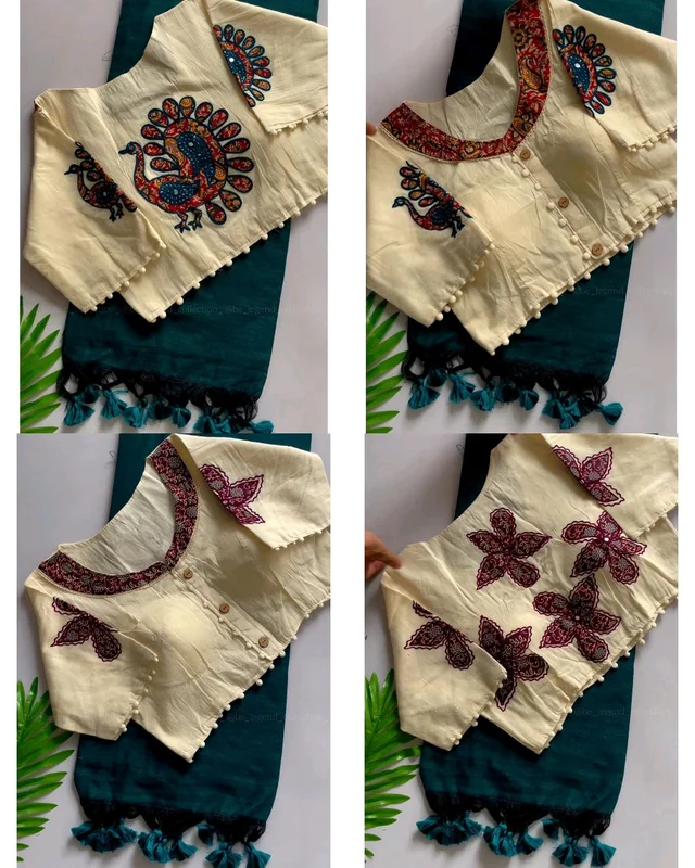 Presenting a Khadi cotton saree Ano Beautiful Havy khadi Cotton Aplique Blouse ( Fully Stitched ) - Teal 3rd, Free Size