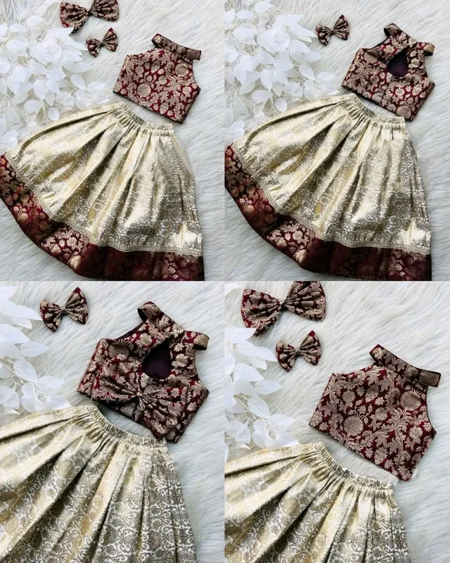 Beautiful Banarasi Silk Lehenga Choli Set - Maroon, 5-6 Years
