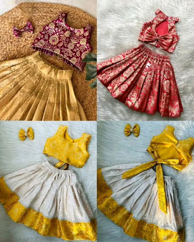 Beautiful Banarasi Silk Lehenga Choli Set - Gold, 11-12 Years