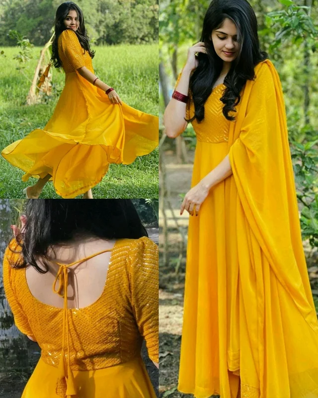 Stylish Partywear Gown with Dupatta - Yellow, S