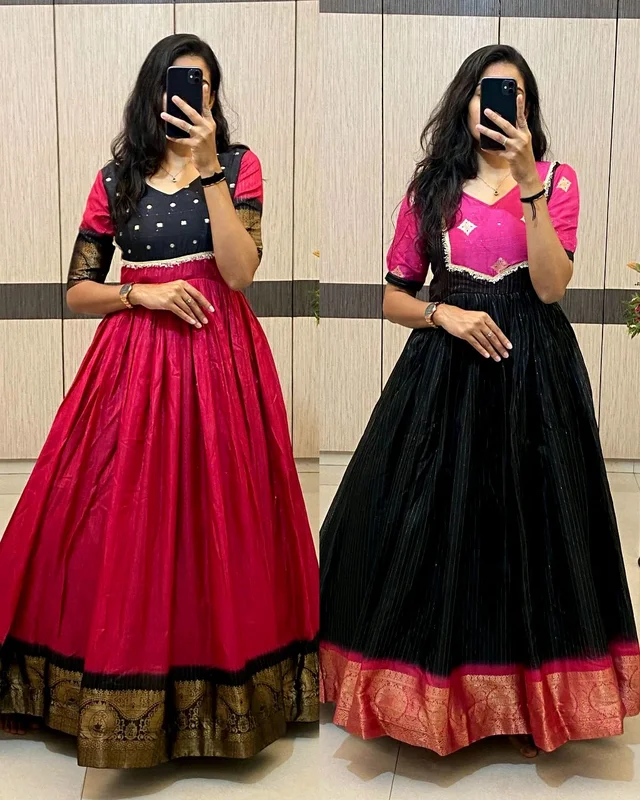 Trendy Tradational Soft and shiny long gown with zari pattu - Black, M