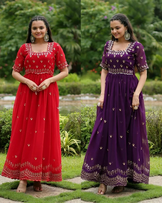 Designer Gown is luxury clothing Considered to be high quality Made by Zari-Thread & Sequins Embroidery - Wine, M